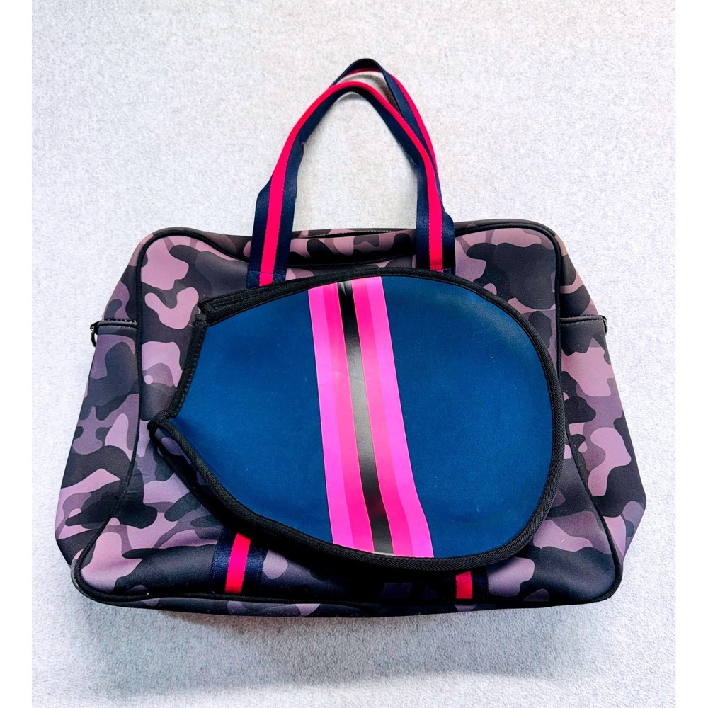 Neoprene Tennis Racquet Bag Gray Camo Hot Pink Stripe Tote Carryall Sporty Chic